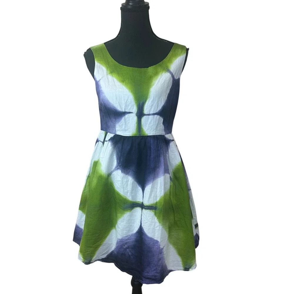 Busayo Batik Linen Mini Dress SIZE 4 Fit Flare Tie Dye Boho Party Designer $390